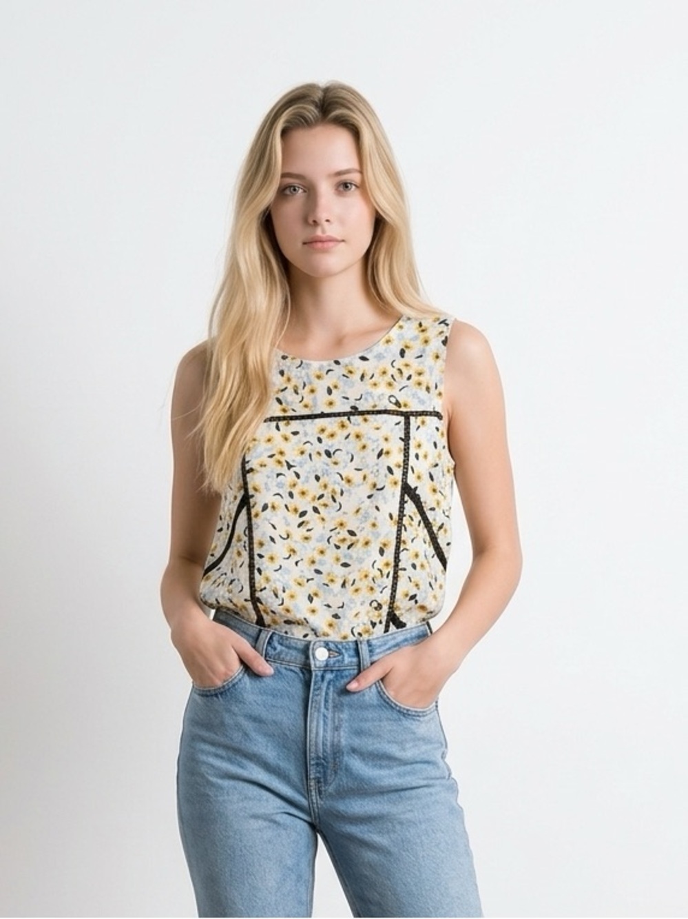 Zara Floral Sleeveless Blouse - White and Yellow | Size Small